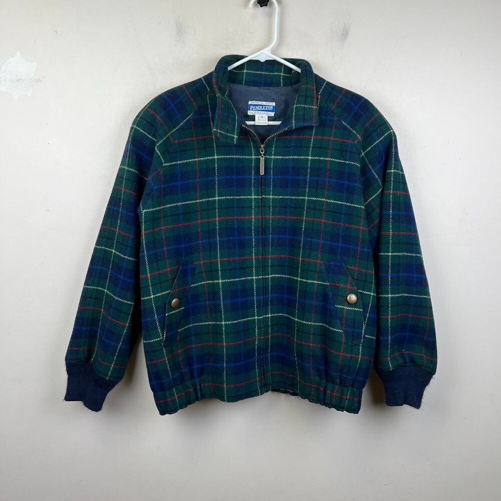 Vintage 90s Pendleton Womens 100% Wool Plaid Bomber Jacket Blue Green Size S